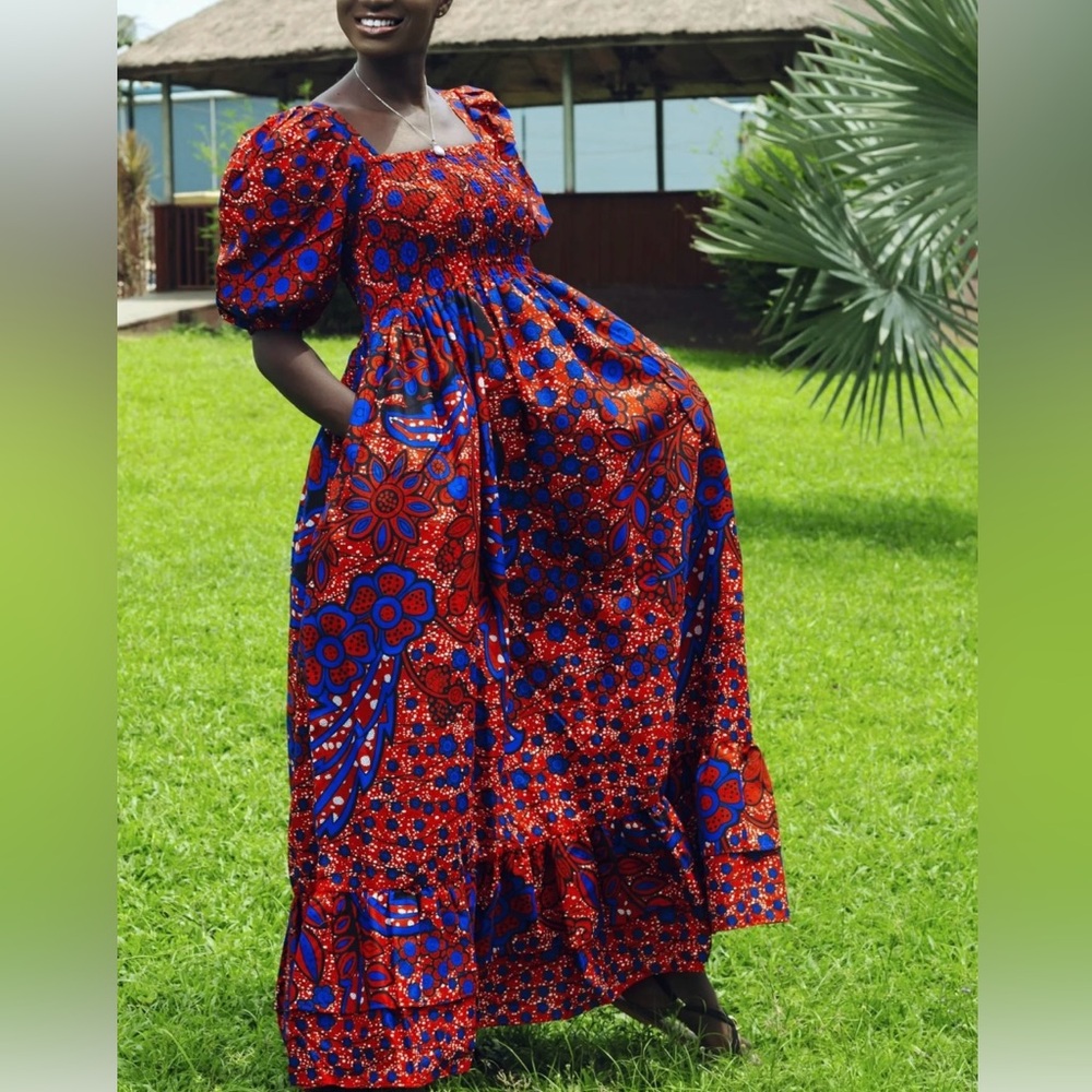 TuckerNuck x ELISAMAMA LaLa Red Floral Maxi Dress Square Neck Puff Sleeves SZ: M